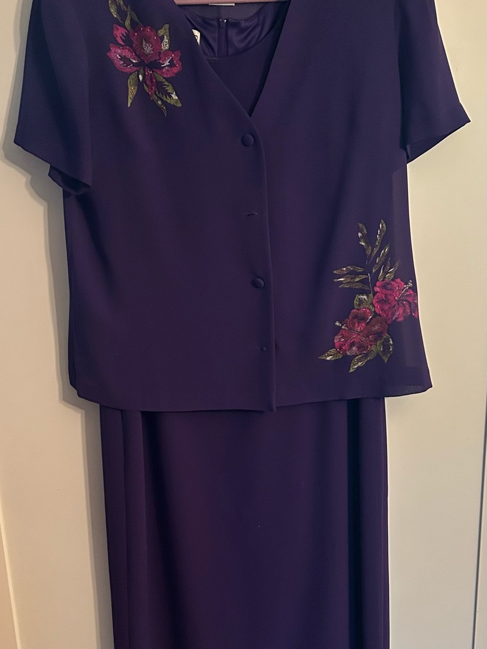 Vintage  2pc Purple Tank Dress with Jacket Pink Floral Embroidery